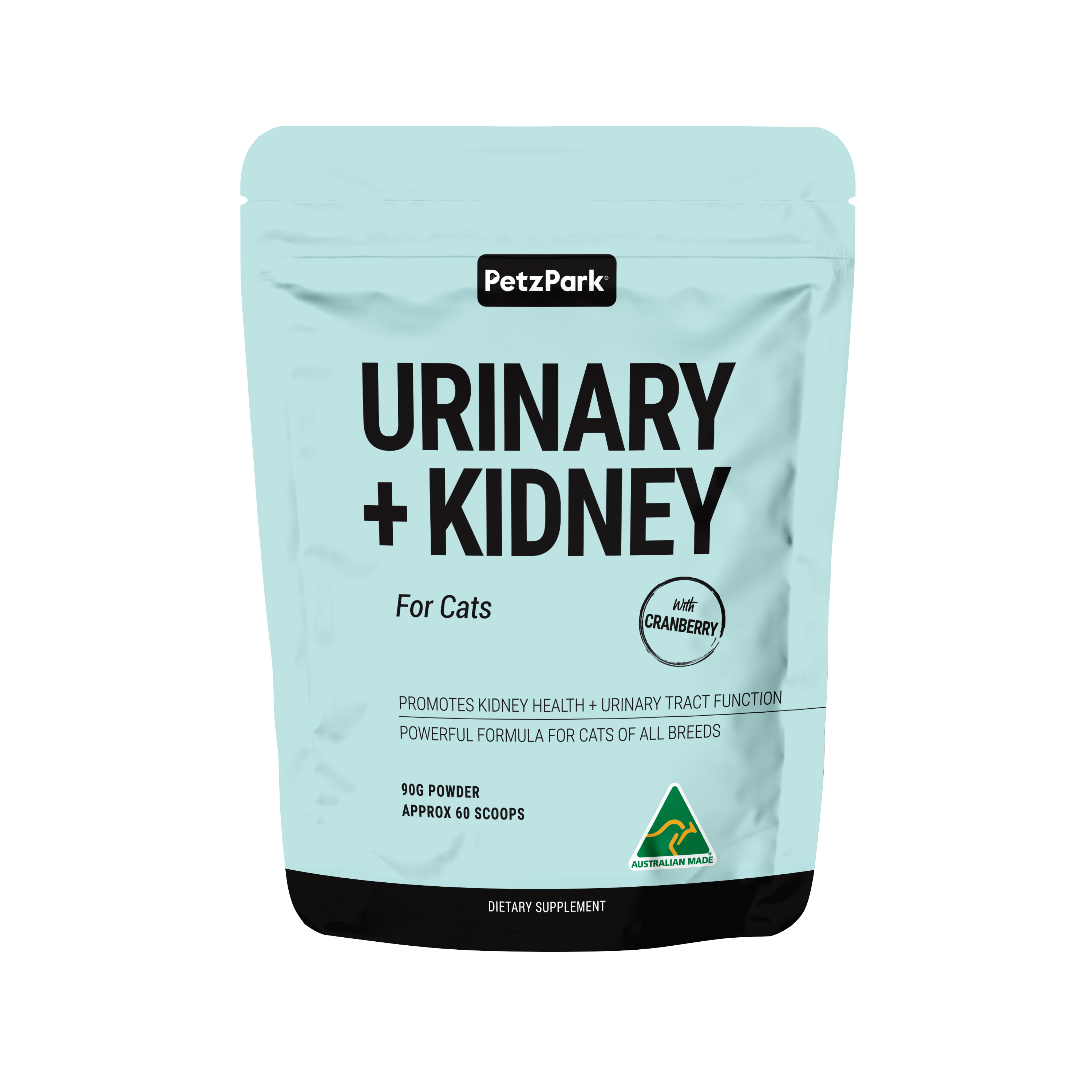 Petz Park Urinary + Kidney for Cats, powder supplement against UTIs, bladder stones, incontinence, and kidney disease. 